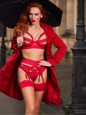 Honey Birdette Linda C Raspberry 3pc Set 36H Bra XL Suspender XXL Thong